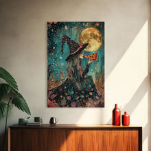Load image into Gallery viewer, Spring Witch and Her Slice Of Pizza, Framed Canvas Print, Cute / Funny Halloween Art
