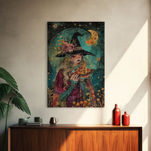 Load image into Gallery viewer, Summer Witch and Her Slice Of Pizza, Framed Canvas Print, Cute / Funny Halloween Art
