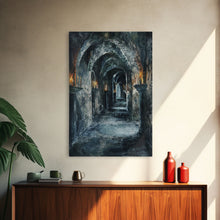 Load image into Gallery viewer, Dark Gothic Hallway Halloween Art, Spooky Hallway, Haunted Passage, Creepy Architecture, Gothic Decor, Framed Canvas Print
