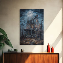 Carregar imagem no visualizador da galeria, Abandoned House Under Moon Full Halloween Art, Spooky Mansion, Haunted Home, Creepy Decor, Gothic Artwork, Framed Canvas Print
