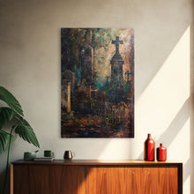 Load image into Gallery viewer, Gloomy Cemetery Halloween Art, Spooky Graveyard, Haunted Cemetery, Creepy Gravestones, Dark Artwork, Framed Canvas Print
