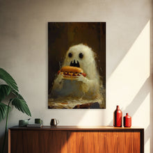 Load image into Gallery viewer, Cute Ghost Chompin on A Hot Dog, Ghostly Hot Dog Thief, Framed Canvas Print, Funny Halloween Spooky Season Art
