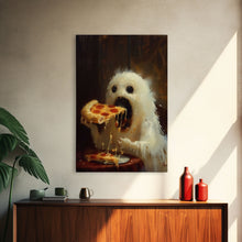 Load image into Gallery viewer, Cute Ghost Chompin on A Pizza, Ghostly Pizza Pirate, Framed Canvas Print, Funny Halloween Spooky Season Art
