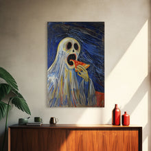 Load image into Gallery viewer, Spooky Ghost Eatin a Pizza, YUM! Funny Halloween Art
