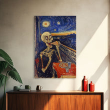 Load image into Gallery viewer, Spooky Skeleton Dude Eatin&#39; a Pizza, Starry Night Inspired Funny Halloween Art, Framed Canvas Print
