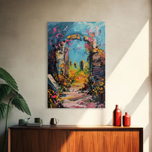 Load image into Gallery viewer, Ruined Archway Framed Canvas Print, Halloween Art, Haunted Garden, Spooky Ruins, Eerie Pathway, Fall Decor, Gothic Wall Art, Haunted Decor
