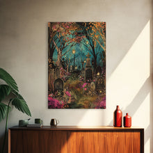 Load image into Gallery viewer, Gate to Haunted Cemetery Framed Canvas Print, Wall Art, Spooky Graveyard Art, Eerie Home Decor, Halloween Forest Painting, Spooky Graveyard
