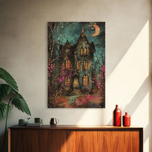 Load image into Gallery viewer, Enchanted Gothic House Framed Canvas Print, Halloween Wall Art, Spooky Art, Home Decor, Living Room Decor, Gothic Artwork, Haunted House
