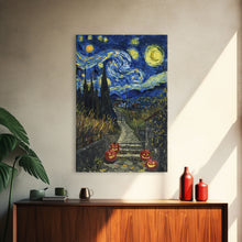 Load image into Gallery viewer, Spooky Starry Night Inspired Haunted Grave Yard Framed Canvas Print, Spooky Season Halloween Art
