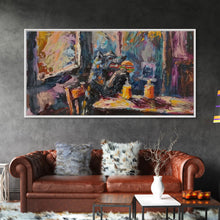 Carregar imagem no visualizador da galeria, Funny Werewolf Having a Cheeseburger in a diner, framed canvas print, halloween decor
