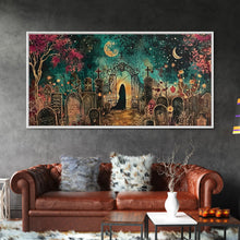 Load image into Gallery viewer, Banshee In The Graveyard, Framed Canvas Print, Halloween Decor, Spooky Season Wall Art, Halloween Gift Idea
