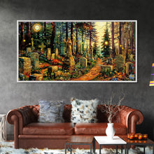 Load image into Gallery viewer, Colorful Haunted Grave Yard In The Spring Time, Framed Canvas Print, Spooky Wall Art, Halloween Spooky Season Decor
