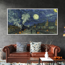 Load image into Gallery viewer, Starry Night Inspired Haunted Steam Train, Framed Canvas Print, Spooky Halloween Wall Art
