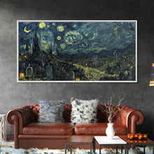 Load image into Gallery viewer, Starry Night Inspired Haunted Cemetery Framed Canvas Print, Halloween Wall Decor, Art Prints, Creepy Art
