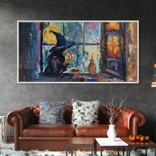 Load image into Gallery viewer, Witch Eatin&#39; a Slice of Pizza, Framed Canvas Print, Witchy Decor, Impasto Style Halloween Wall Art
