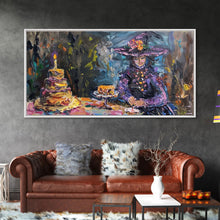 Carregar imagem no visualizador da galeria, Birthday Party for One, Springtime Witch and A Birthday Cake, Framed Canvas Print, Funny Halloween Art
