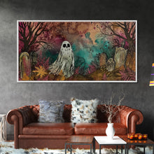 Load image into Gallery viewer, Cute Ghost In The Cemetery, Framed Canvas Print, Halloween Wall Decor, Halloween Trinkets
