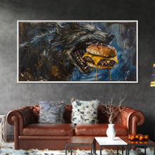 Carregar imagem no visualizador da galeria, Big Ol Werewolf Having A Cheese Burger - Framed Canvas Print - Funny Halloween Art
