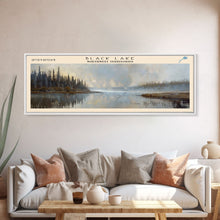 Carregar imagem no visualizador da galeria, Black Lake Canada Northwest Territories Framed Canvas Print, Panoramic Lake House Art, Scenic View, Travel Poster, Lake Painting
