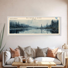 Carregar imagem no visualizador da galeria, Black Lake USA SW Alaska Framed Canvas Print, Lake House Art, Panoramic Scenic View, Travel Poster, Rustic Art, Lake Painting
