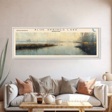 Load image into Gallery viewer, Blue Springs Lake Missouri Framed Canvas Print, Lake House Art, Panoramic Scenic View, Travel Poster, Minimalist Art, Lake Painting
