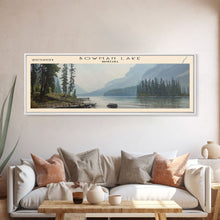 Load image into Gallery viewer, Bowman Lake Montana Framed Canvas Print, Panoramic Lake House Decor, Wall Art, Travel Poster, Rustic Lake Painting, Nature Art
