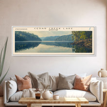 Cargar imagen en el visor de la galería, Cedar Creek Lake Kentucky Framed Canvas Print, Panoramic Lake House Decor, Wide Wall Art, Travel Poster, Rustic Lake Painting, Nature Art
