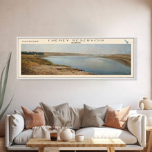 Cargar imagen en el visor de la galería, Cheney Reservoir Kansas Framed Canvas Print, Panoramic Lake House Decor, Wide Wall Art, Travel Poster, Rustic Lake Painting, Home Decor
