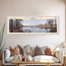 Cargar imagen en el visor de la galería, Choctaw Lake Mississippi Framed Canvas Print, Lake House Art, Panoramic Wide Wall Art, Travel Poster, Rustic Lake Painting, Home Decor
