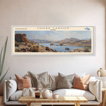 Cargar imagen en el visor de la galería, Choke Canyon Reservoir Framed Canvas Print, Panoramic Lake House Decor, Wide Wall Art, Travel Poster, Modern Lake Painting, Nature Art
