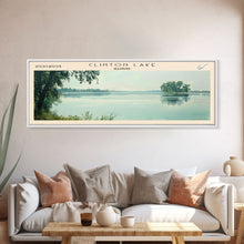 Load image into Gallery viewer, Clinton Lake Illinois Framed Canvas Print, Panoramic Lake House Decor, Wide Wall Art, Travel Poster, Rustic Lake Painting, Nature Art
