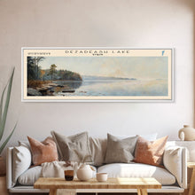 Load image into Gallery viewer, Dezadeash Lake Framed Canvas Print, Panoramic Lake House Decor, Wall Art, Travel Poster, Rustic Lake Painting, Nature Art
