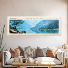 Load image into Gallery viewer, Diablo Lake Washington Framed Canvas Print, Lake House Art, Panoramic Wall Art, Travel Poster, Minimalist Lake Painting, Home Decor
