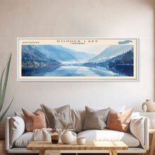 Load image into Gallery viewer, Donner Lake California Framed Canvas Print, Lake House Decor, Panoramic Wall Art, Travel Poster, Modern Lake Painting, Nature Art
