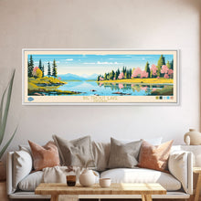 Carregar imagem no visualizador da galeria, Big Trout Lake Ontario Framed Canvas Print, Panoramic Travel Poster, Midcentury Modern Wall Art, Pop Art, Nature Living Room Art, Lake House Decor
