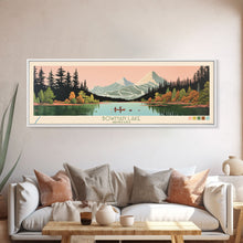 Load image into Gallery viewer, Bowman Lake Montana Framed Canvas Print, Panoramic Wall Art, Midcentury Modern, Pop Art, Travel Poster, Scenic Living Room Art, Lake House Decor
