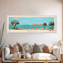 Load image into Gallery viewer, Brantley Lake New Mexico Framed Canvas Print, Midcentury Modern Panoramic Wall Art, Living Room Decor, Pop Art, Travel Poster Art, Scenic Nature Painting
