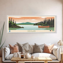 Carregar imagem no visualizador da galeria, Canoe Lake Saskatchewan Framed Canvas Print, Midcentury Modern Panoramic Wall Art, Living Room Decor, Pop Art, Travel Poster Art, Scenic Nature Painting

