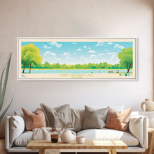 Load image into Gallery viewer, Crab Orchard Lake Illinois Framed Canvas Print, Midcentury Modern Panoramic Wall Art, Living Room Decor, Pop Art, Travel Poster Art, Scenic Nature Painting, Lake House Decor
