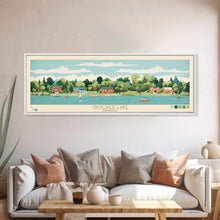 Load image into Gallery viewer, Crooked Lake Indiana Framed Canvas Print, Midcentury Modern Panoramic Wall Art, Living Room Decor, Pop Art, Travel Poster Art, Scenic Nature Painting, Lake House Decor
