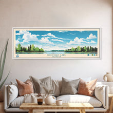 Load image into Gallery viewer, Crooked Lake Michigan Framed Canvas Print, Pop Art Panoramic Travel Poster, Midcentury Modern, Wall Art, Scenic Nature Painting, Bedroom Decor, Living Room Art
