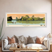 Load image into Gallery viewer, Cross Lake Louisiana Framed Canvas Print, Midcentury Modern Panoramic Wall Art, Living Room Decor, Pop Art, Travel Poster Art, Scenic Nature Painting, Lake House Decor
