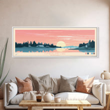 Load image into Gallery viewer, Cumberland Lake Manitoba Framed Canvas Print, Midcentury Modern Panoramic Wall Art, Living Room Decor, Pop Art, Travel Poster Art, Scenic Nature Painting
