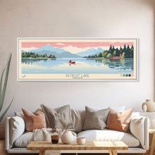 Load image into Gallery viewer, Detroit Lake Oregon Framed Canvas Print, Midcentury Modern Panoramic Wall Art, Bedroom Decor, Pop Art, Travel Poster Art, Scenic Nature Painting
