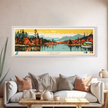 Load image into Gallery viewer, Echo Lake Montana Framed Canvas Print, Panoramic Wall Art, Midcentury Modern, Pop Art, Living Room Decor, Travel Poster, Nature Art

