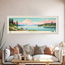 Cargar imagen en el visor de la galería, Flathead Lake Montana Framed Canvas Print, Panoramic Art, Midcentury Modern, Pop Art, Living Room Wall Art, Travel Poster, Lake View, Home Decor
