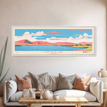 Load image into Gallery viewer, Fort Peck Lake Montana Framed Canvas Print, Panoramic Wall Art, Midcentury Modern, Pop Art, Bedroom Decor, Travel Poster, Nature Art, Artistic Decor
