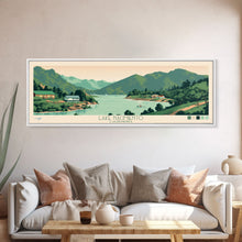 Load image into Gallery viewer, Lake Nacimiento California Framed Canvas Print, Panoramic Wall Art, Midcentury Modern, Pop Art, Living Room Decor, Travel Poster, Lake House Art
