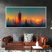 Load image into Gallery viewer, Cyberpunk city canvas art, video game concept art, living room wall art, dystopian art, outrun style city at sunset, man cave wall art
