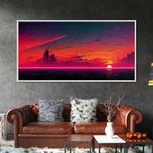 Load image into Gallery viewer, Cyberpunk lake art, city canvas, video game concept art, living room wall art, dystopian art, outrun city at sunset, man cave canvas print
